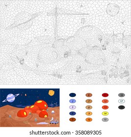 Color by number educational game for kids. Robots and futuristic buildings on Mars. Vector illustration for schoolchild and preschool