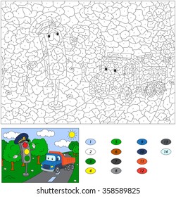 Color by number educational game for kids. Cartoon traffic light and lorry. Vector illustration for schoolchild and preschool
