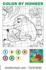 Color By Number - Educational Game For Kids. Cute Cartoon Monkey In African Jungle Vector EPS10