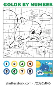 Color By Number - Educational Game For Kids. Cute Cartoon Dolphin Jumps Out Of The Ocean EPS10