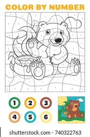 Color By Number - Educational Game For Kids. Cute Cartoon Bear With A Honeypot Vector EPS10