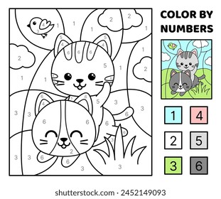 Color por número. Gatitos divertidos están jugando en el césped. Dibujo para colorear. Juego para niños. Caricatura, Vector. Ilustración vectorial aislada eps 10

