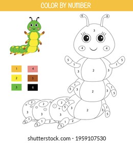 Color by number a funny vector caterpillar. Educational game for kids help to learn the numbers.