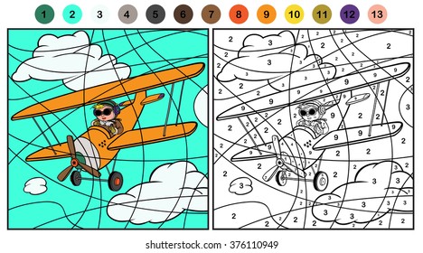 Color by number, game for children. Child flying plane like a real pilot in retro leather flight helmet. Great illustration for School books, Magazines and more. VECTOR.