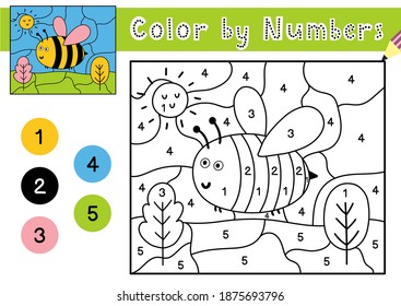 Color by number game for kids. Coloring page with a cute bee. Printable worksheet with solution for school and preschool. Learning numbers activity. Vector illustration