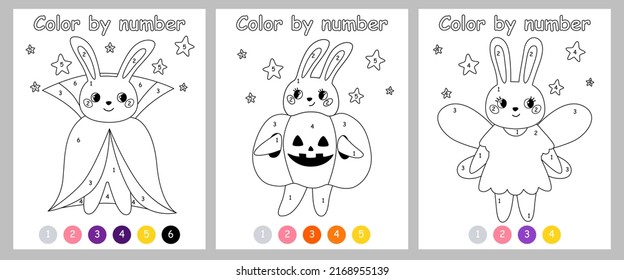 Color by number game for kids. Rabbit in costume for halloween. Bunny vampire, fairy and pumpkin. Printable worksheet with solution for school and preschool. Learning numbers activity.