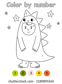 Color by number game for kids. Children in costume dinosaur. Halloween party. Printable worksheet with solution for school and preschool. Learning numbers activity.