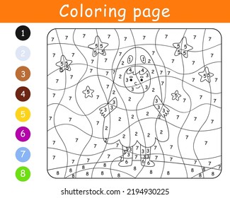 Color by number game for kids. Child in costume ghost. Halloween party. Printable worksheet. Coloring page.