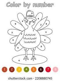 Color By Number Game For Kids. Pilgrim Turkey Thanksgiving. Bird Animal Character Wearing A Pilgrims Hat. Printable Worksheet With Solution For School And Preschool. Learning Numbers Activity.