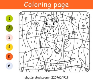Color by number game for kids. Child in costume dinosaur. Halloween party. Printable worksheet. Coloring page.