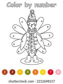 Color By Number Game For Kids. Pilgrim Turkey Thanksgiving. Bird Animal Character In A Hat, A Scarf And Ugg. Printable Worksheet With Solution For School And Preschool. Learning Numbers Activity.