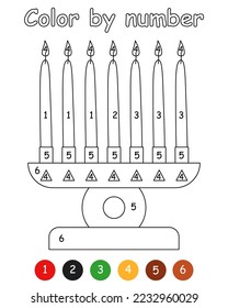 Color by number game for kids. Seven candles in kinara. Printable worksheet with solution for school and preschool. Learning numbers activity.