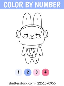 Color by number game for kids. A happy rabbit wearing warm headphones and a scarf. Printable worksheet with solution for school and preschool. Learning numbers activity.