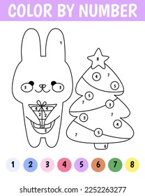 Color by number game for kids. Kawaii rabbit with gift and christmas tree. Bunny is a symbol of the year 2023. Printable worksheet with solution for school and preschool. Learning numbers activity.