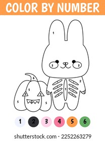 Color by number game for kids. Happy rabbit with pumpkin. Cute kawaii bunny. Halloween concept. Printable worksheet with solution for school and preschool. Learning numbers activity.