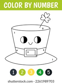 Color by number game for kids. Cute hat with clover. St. Patrick's Day coloring book. Printable worksheet with solution for school and preschool. Learning numbers activity.