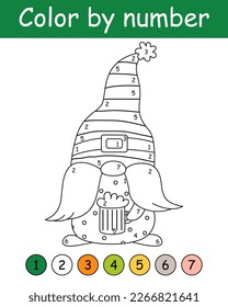 Color by number game for kids. Cute gnome with mug beer. St. Patrick's Day coloring book. Printable worksheet with solution for school and preschool. Learning numbers activity.