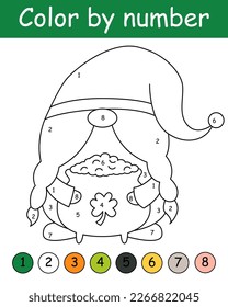 Color by number game for kids. Cute gnome with pot gold coins. St. Patrick's Day coloring book. Printable worksheet with solution for school and preschool. Learning numbers activity.