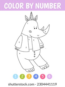 Color by number game for kids. Cute rhinoceros with balloon. Birthday coloring book. Printable worksheet with solution for school and preschool. Learning numbers activity.