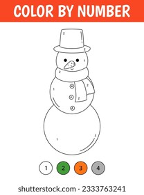 Color by number game for kids. Cute snowman. Christmas coloring page. Printable worksheet with solution for school and preschool. Learning numbers activity. Vector cartoon illustration.