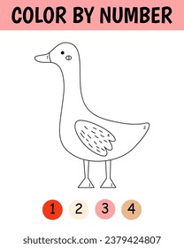 Color by number game for kids. Childish cute goose. Farm coloring page. Printable worksheet with solution for school and preschool. Learning numbers activity.