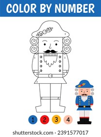 Color by number game for kids. Cute nutcracker in cartoon style. Christmas coloring page. Printable worksheet with solution for school and preschool. Learning numbers activity.