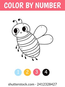 Juego de color por número para niños. Abeja. Libro de coloreo de insectos. Hoja de trabajo imprimible con solución para la escuela y preescolar. Aprendiendo la actividad de los números.