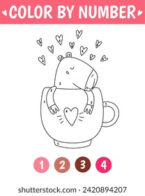 Color by number game for kids. Cute lovely capybara in cup. Valentine day coloring book. Printable worksheet with solution for school and preschool. Learning numbers activity.