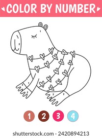 Color by number game for kids. Cute lovely capybara. Valentine day coloring book. Printable worksheet with solution for school and preschool. Learning numbers activity.