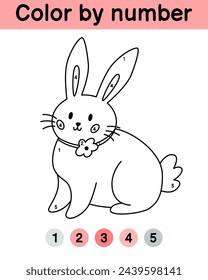 Color by number game for kids. Cute bunny. Easter coloring book. Printable worksheet with solution for school and preschool. Learning numbers activity.