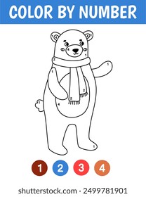 Color by number game for kids. Cute bear. Animal coloring book. Printable worksheet with solution for school and preschool. Learning numbers activity. Vector cartoon illustration.