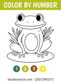 Color by number game for kids. Cute frog. Animal coloring book. Printable worksheet with solution for school and preschool. Learning numbers activity.