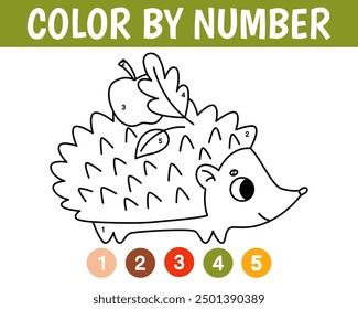 Color by number game for kids. Cute hedgehog. Animal coloring book. Printable worksheet with solution for school and preschool. Learning numbers activity. Vector cartoon illustration.