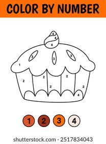 Color by number game for kids. Cute pumpkin pie. Thanksgiving coloring book. Printable worksheet with solution for school and preschool. Learning numbers activity.