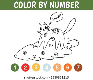 Color by number game for kids. Cute cat dropped the christmas tree. Christmas coloring book. Printable worksheet with solution for school and preschool. Learning numbers activity.