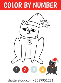 Color by number game for kids. Cute cat in the Santa Claus hat. Christmas coloring book. Printable worksheet with solution for school and preschool. Learning numbers activity.