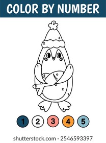 Color by number game for kids. Cute penguin. Winter coloring book. Printable worksheet with solution for school and preschool. Learning numbers activity. Vector cartoon illustration.