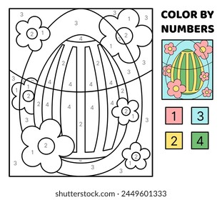 Color by number. Green egg with pink spring flowers. Coloring page. Game for kids. Cartoon, vector. Isolated vector illustration eps 10
