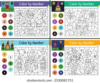 Color by number Halloween set for kids. Funny games collection in US Letter format. Activity page templates bundle with spooky characters. Vector illustration