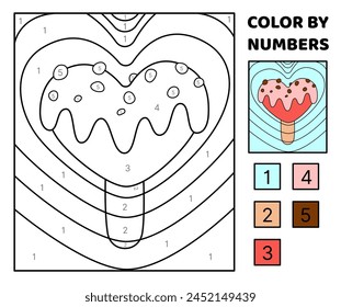 Color by number. Ice cream in form of heart. Coloring page. Game for kids. Cartoon, vector. Isolated vector illustration eps 10