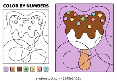 Color by number. Ice cream in chocolate glaze and sprinkles. Coloring page. Game for kids. Kawaii, cartoon, vector. Isolated vector illustration eps 10