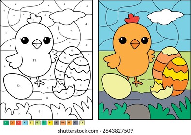 Color by number illustration of a cute cartoon chicken, whole egg, and broken Easter egg. Educational kids coloring page.