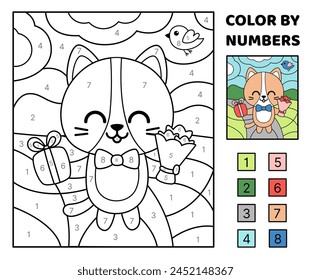 Color by number. Kitten boy with gift and bouquet. Coloring page. Game for kids. Cartoon, vector. Isolated vector illustration eps 10