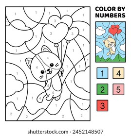 Color by number. Kitten is flying by balloons. Coloring page. Game for kids. Kawaii, cartoon, vector. Isolated vector illustration eps 10