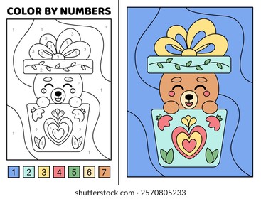 Color by number. Little bear in gift box. Coloring page. Game for kids. Kawaii, cartoon, vector. Isolated vector illustration eps 10