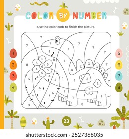 Color by number – little Dino. Dinosaurs Activities for kids.  Coloring page for activity book. Vector illustration. Logic Game for boost of fine motor skills, thinking, attention, learning of numbers