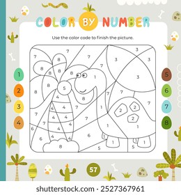 Color by number – little dinosaur. Dino Activities for kids.  Coloring page for activity book. Vector illustration. Logic Game for boost of fine motor skills, thinking, attention, learning of numbers.