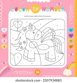 Color by number – Little unicorn. Pony Activities for kids.  Coloring page. Vector illustration. Square format. Logic Game for boost of fine motor skills, thinking, attention, learning of numbers.