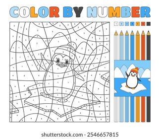 Color by number page with a cute penguin on drifting ice