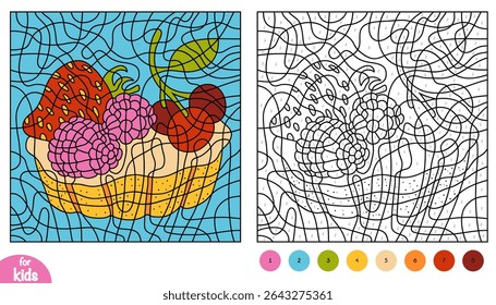 Color by number page for kids with a cartoon berry tartlet. Fun vector cupcake with cherries, strawberries, and raspberries. Educational printable worksheet for coloring and number learning.